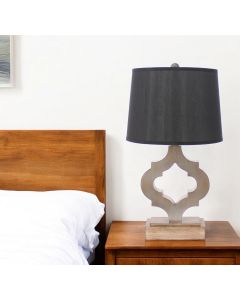 25" Distressed Brown Wood Novelty Bedside Lamp With Black Drum Shade