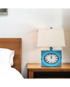 22" Distressed Blue Metal Bedside Lamp With Beige Shade