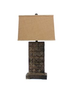 30" Distressed Bronze Metal Bedside Lamp With Khaki Shade