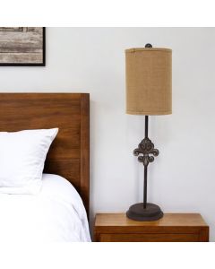 31" Black Fleur de Lis Metal Table Lamp With Natural Burlap Shade
