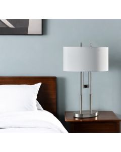 27" Silver Metal Two Light Bedside Lamp With Off White Drum Shade