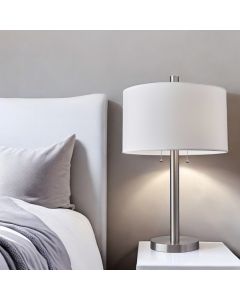 28" Silver Metal Two Light Bedside Table Lamp With White Drum Shade