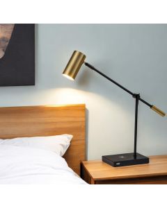22" Black Metal Swing Arm LED Desk Lamp With USB And Antiqued Gold Cylinder Shade