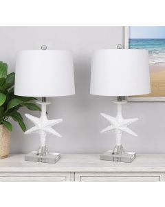 Set of Two 28" Clear and White Coastal Star Fish Table Lamps With White Drum Shades