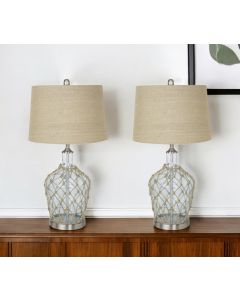 Set of Two 28" Light Blue And Silver Glass And Metal Coastal Table Lamps