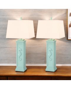 Set of Two 32" Turquoise Seahorse Shutter USB Table Lamps With White Shade