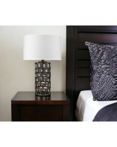 26" Black Metal Column Table Lamp With White Drum Shade