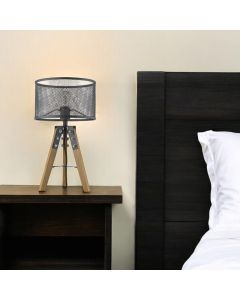 20" Brown Solid Wood Tripod Table Lamp With Black Drum Shade