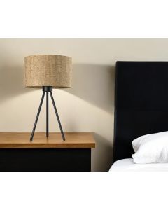 22" Black Metal Tripod Table Lamp With Beige Drum Shade