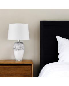 25" Black and White Ceramic Column Lamp With White Drum Shade