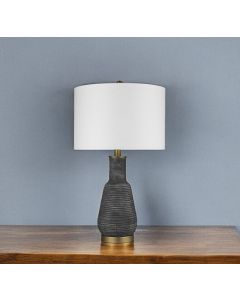 26" Distressed Black and Gold Ceramic Table Lamp With White Drum Shade