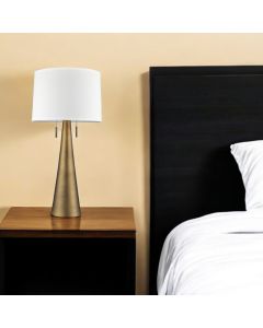 34" Brass Metal Two Light Table Lamp With White Empire Shade