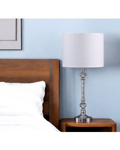 19" Silver Metal and Faux Crystal Table Lamp With White Drum Shade