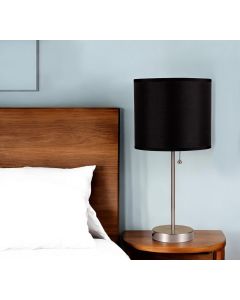 16" Silver Metal Candlestick Table Lamp With Black Classic Drum Shade