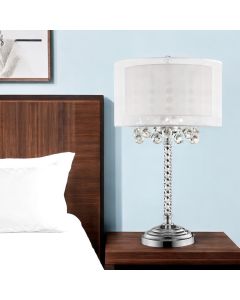 30" Silver Metal And Faux Crystal Three Light Table Lamp With White Drum Shade