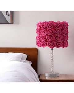 18" Silver Bedside Led Table Lamp With Red Flowers Drum Shade
