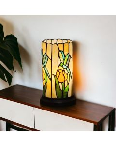 11" Beige and Green Dragonfly Stained Glass Accent Lamp