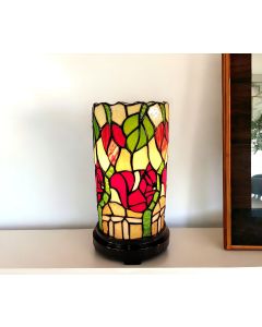 14" Red Green and Black Floral Stained Glass Accent Lamp