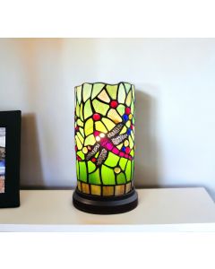 11" Green and Pink Dragonfly Stained Glass Accent Lamp