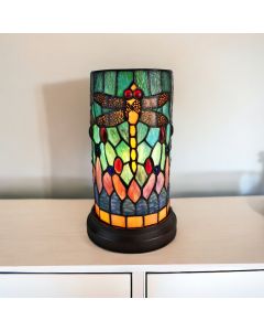11" Green Brown and Orange Dragonfly Stained Glass Accent Lamp