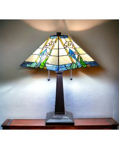 22" Dark Brown Metal Two Light Candlestick Table Lamp With Blue and Beige Shade