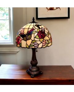19" Dark Brown Metal Candlestick Table Lamp With Red and Black Dome Shade